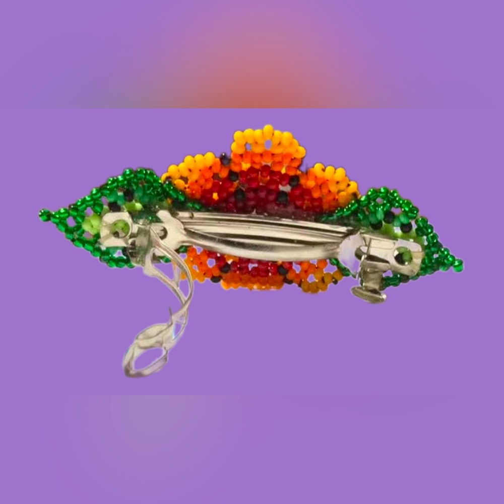 GrandmaMias Fiery Blooming Marigold Glass Seed Beaded French Hair Clip - Picture 6 of 7